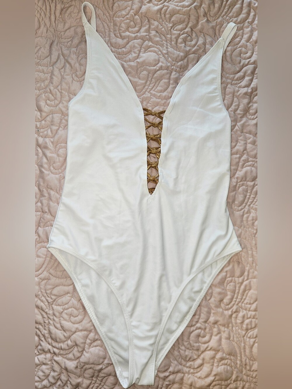 White Plunge One-Piece Swimsuit with Golden Lace-Up
